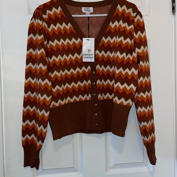 Unique Vintage retro brown chevron 1970s style cardigan - Picture 2 of 7